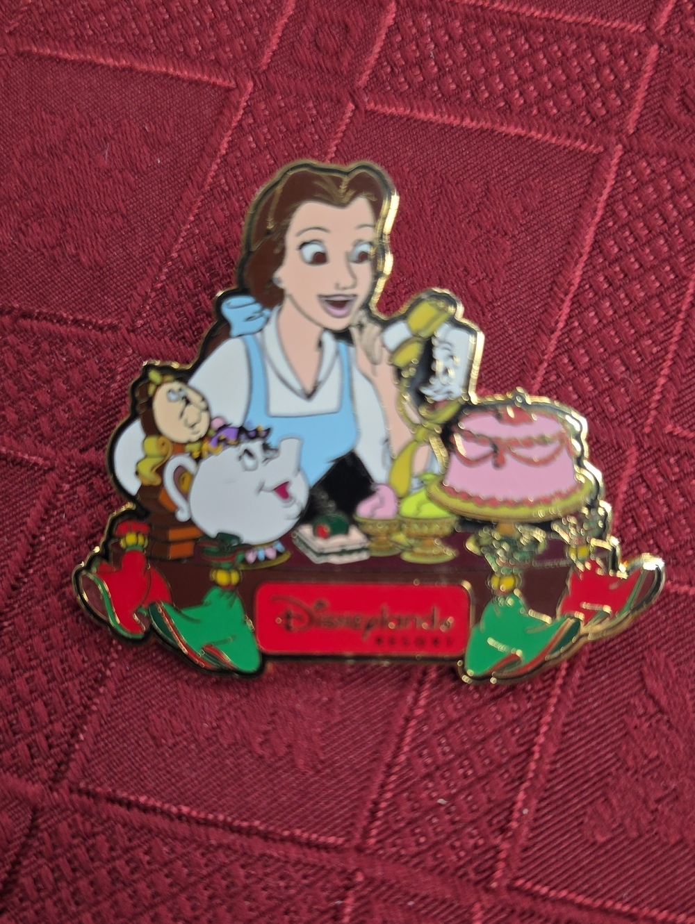 Disney Belle Tea Party Cake Topper Pin with Red and Green Accents